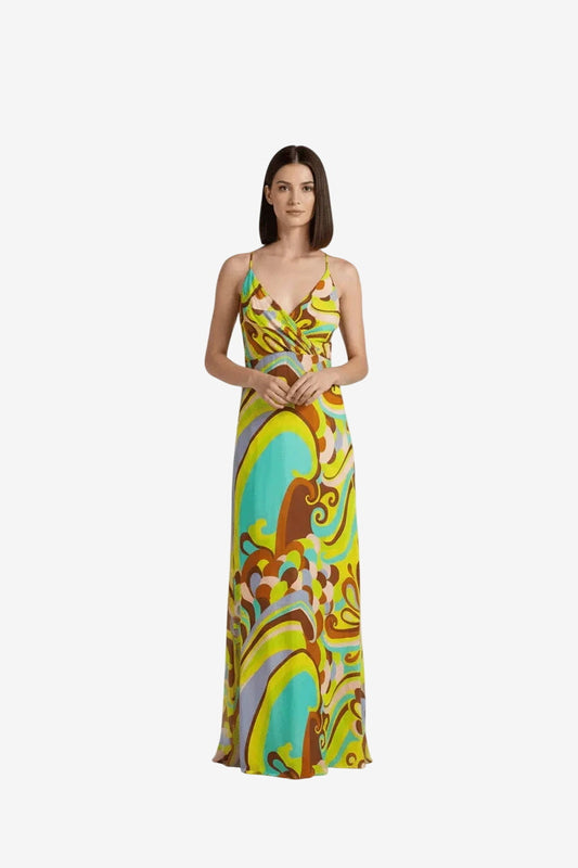 Abito lungo Miss Bikini con spalline sottili e fantasia colorata astratta.
