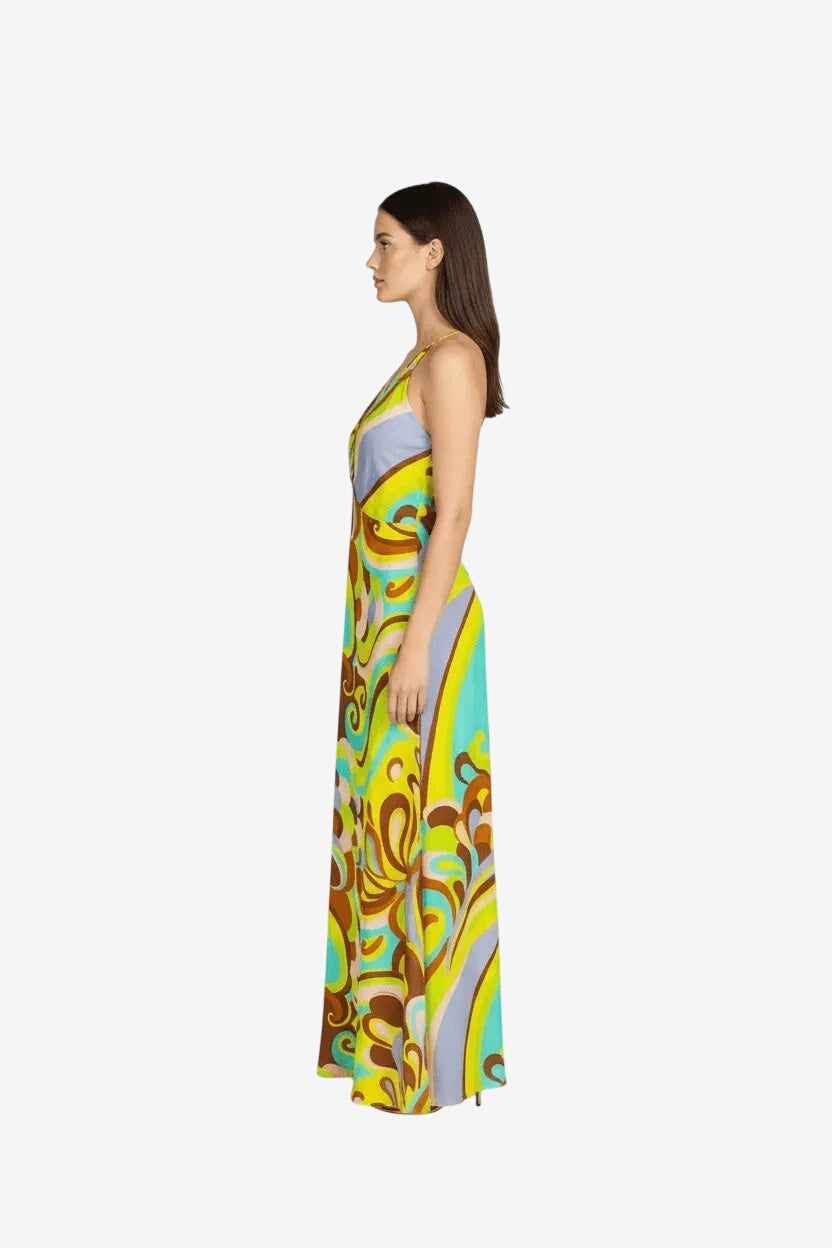 Abito lungo Miss Bikini con spalline sottili e una vivace fantasia colorata su fondo giallo.