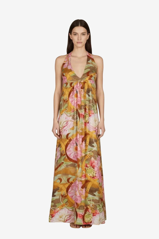 Abito lungo Emamò con scollo all'americana e stampa floreale multicolore.