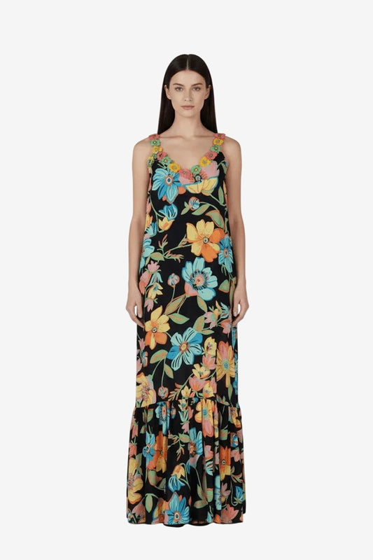 Abito lungo nero in viscosa con stampa floreale colorata e spalline con applicazioni a fiori.
