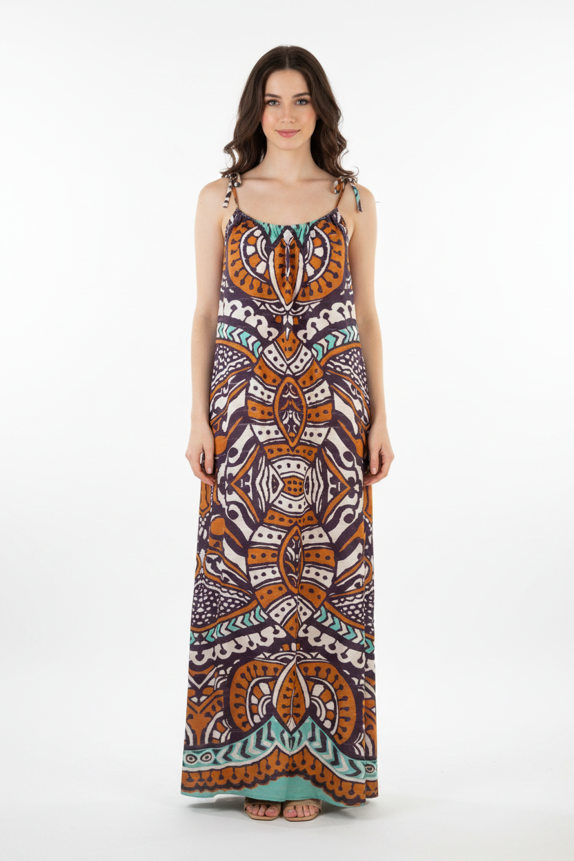 Abito lungo maxi etnico moro acqua 2Bekini - modella frontale