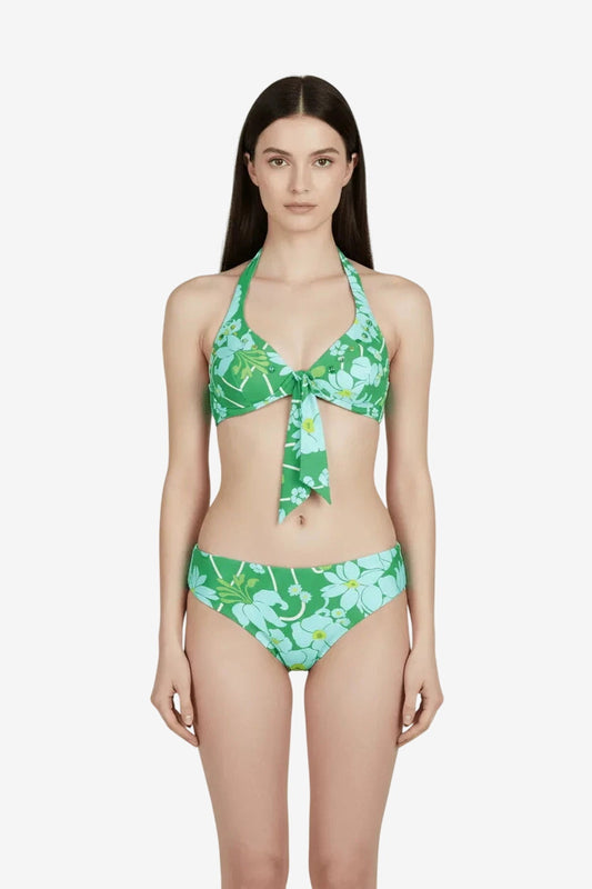 Bikini Raffaela D'Angelo con ferretto e fantasia floreale verde su fondo chiaro.