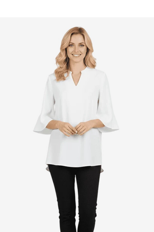 Blusa bianca da donna in misto viscosa e lino con scollo a V e maniche a tre quarti.