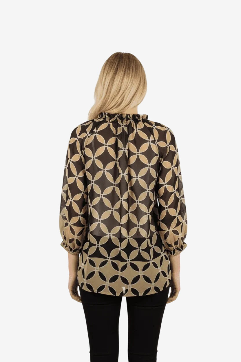 Blusa Roidal da donna con fantasia geometrica color sabbia e maniche lunghe.