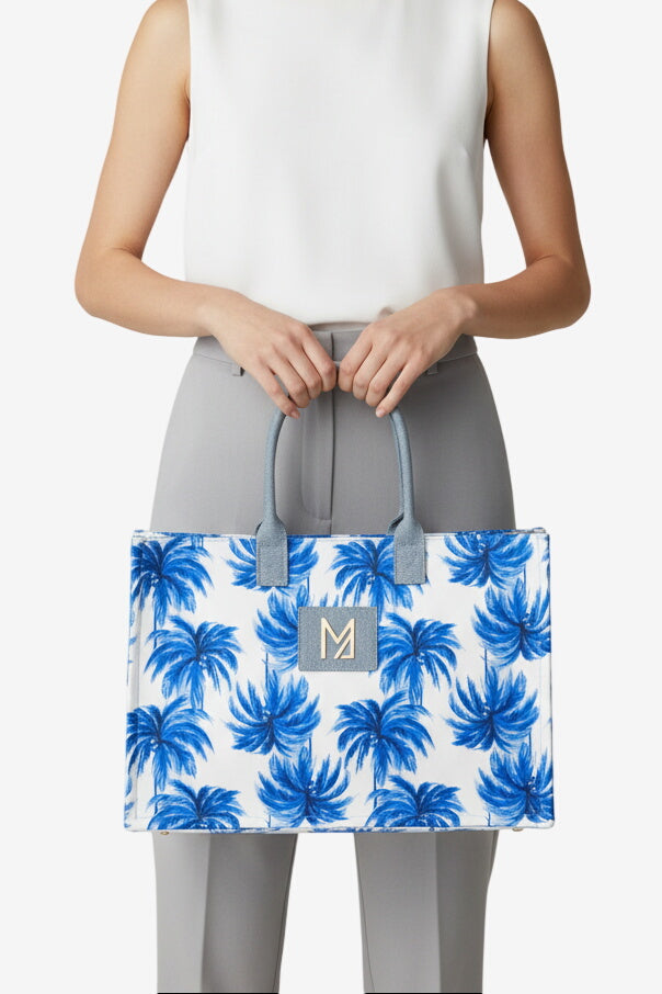 Borsa tote palme azzurra Marina Abagnale - modella frontale