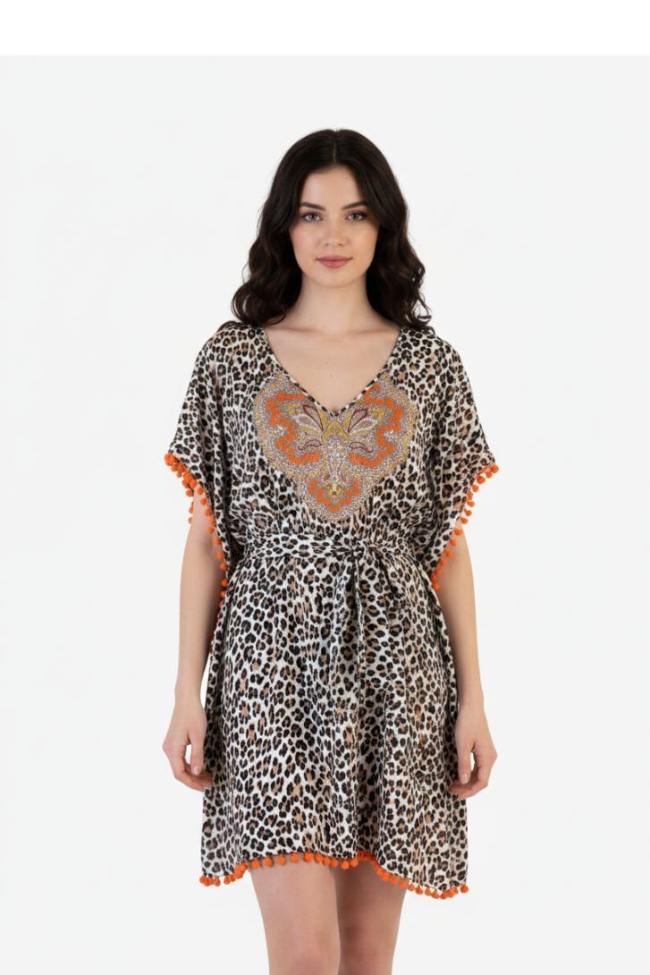 Caftano animalier ricamo farfalla 2Bekini - modella frontale