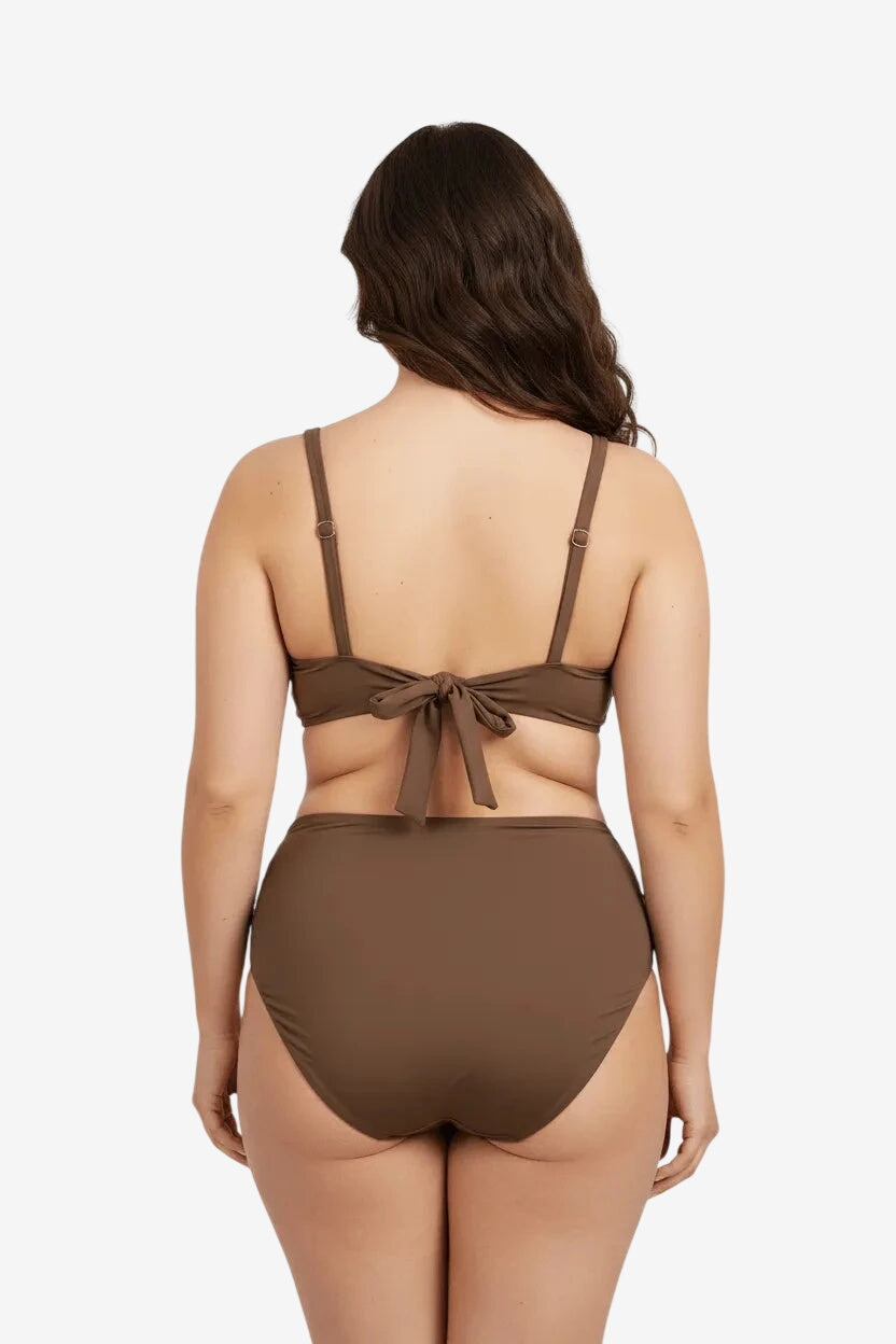 A woman from behind wearing a brown high-waisted bikini with a tie-back top.