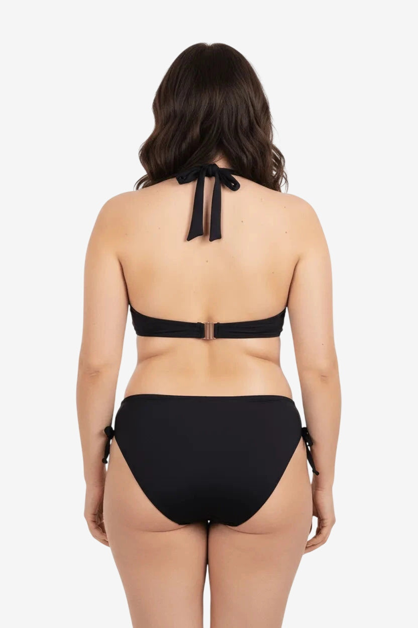 Bikini triangolo nero Roidal con allacciatura al collo e slip con fiocchi laterali.