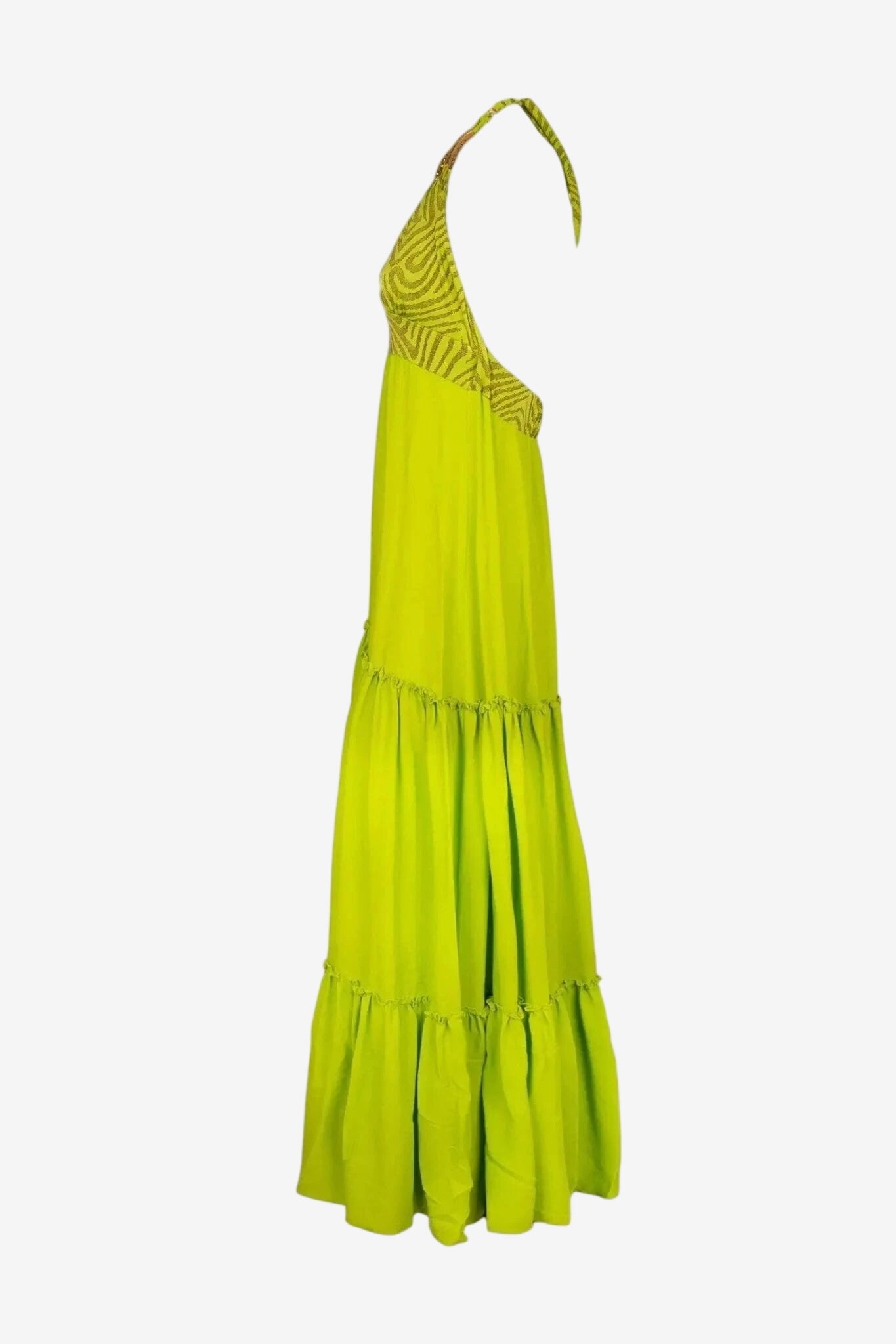 Abito lungo verde lime Miss Bikini con corpetto in lurex, scollo all'americana e gonna a balze.