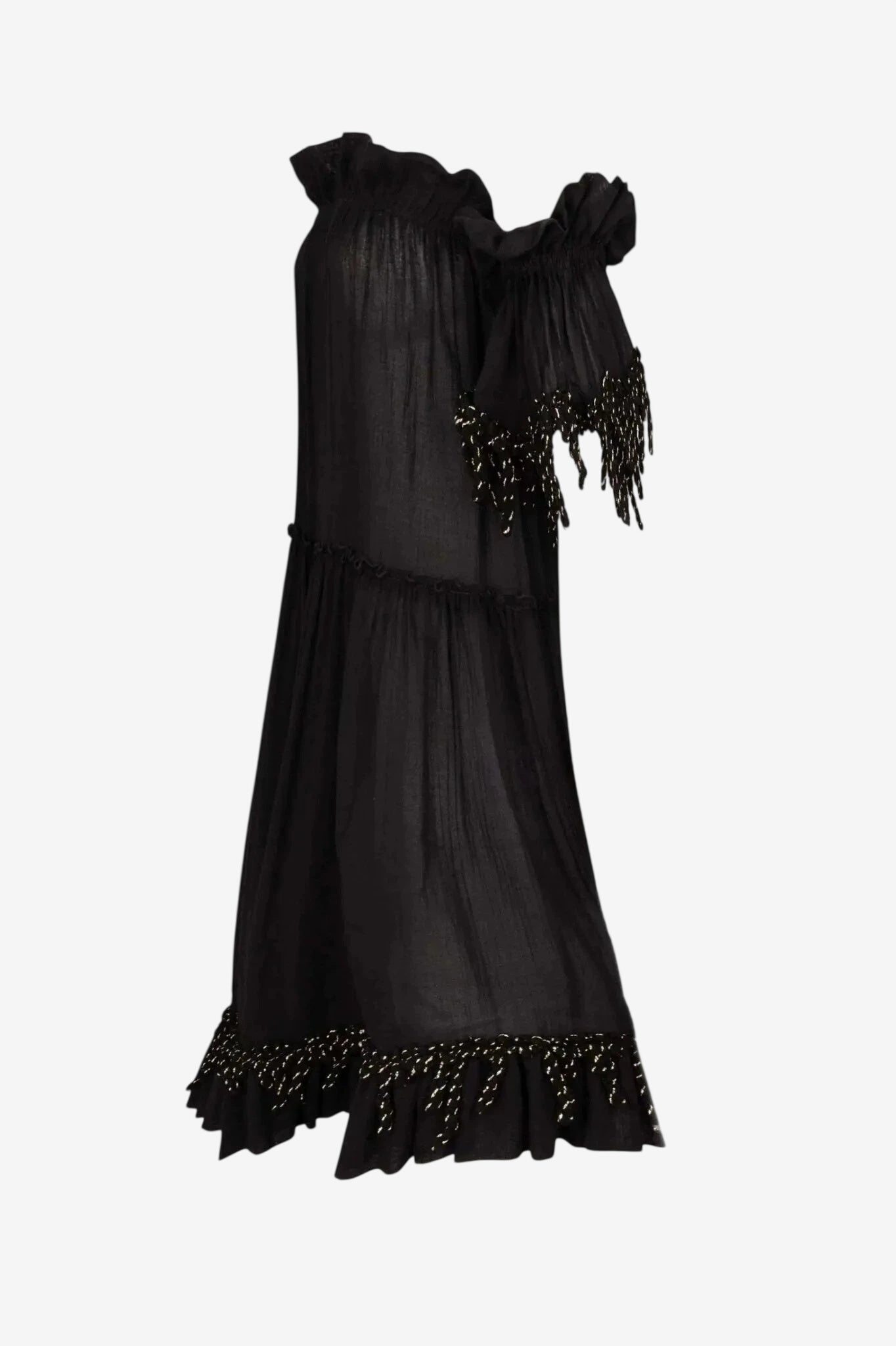 Abito corto nero in cotone con maniche a balze e dettagli in lurex oro.