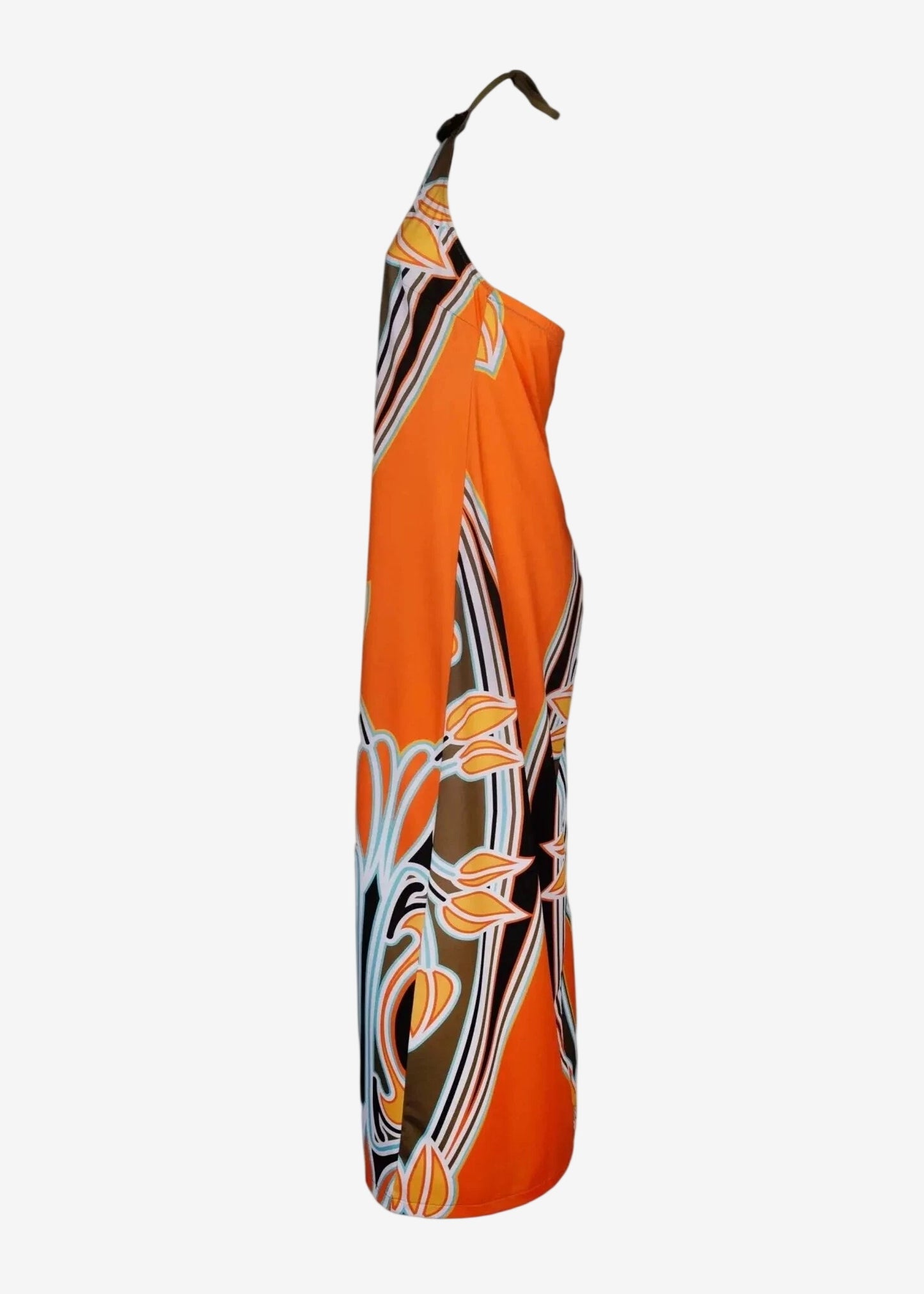 Abito lungo in lycra con macrostampa floreale, scollo all'americana e schiena scoperta.