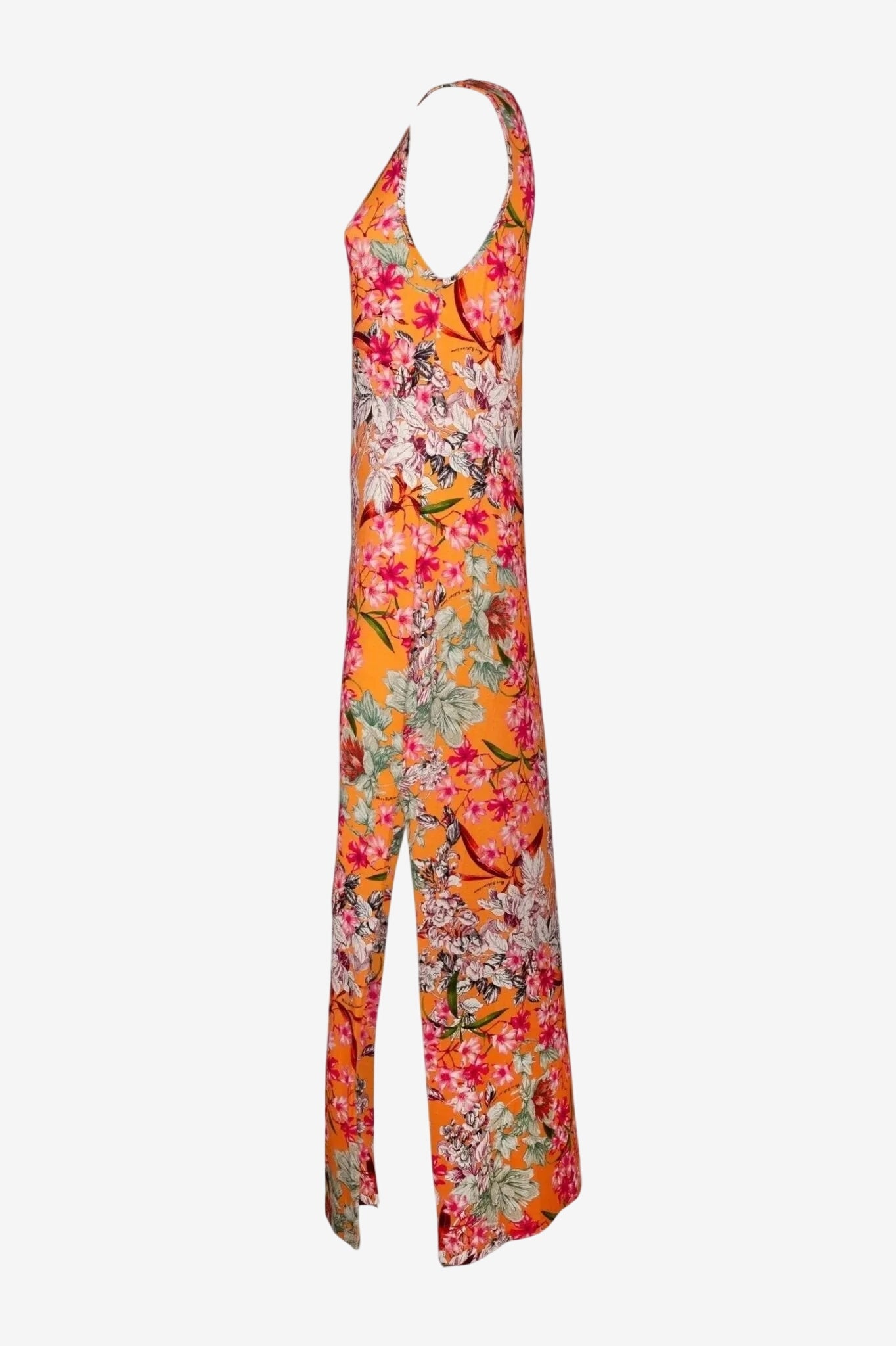 Abito lungo Miss Bikini arancione con stampa floreale, scollo rotondo e spacchi laterali.