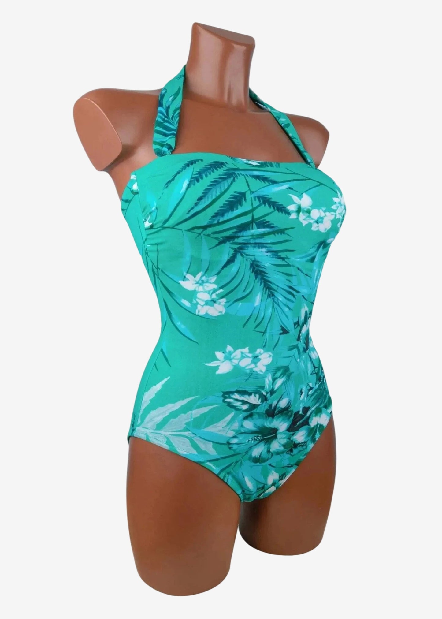Costume intero Roidal a bustier con stampa floreale sui toni dell'acqua e drappeggio frontale.