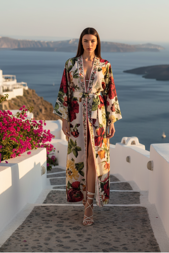 Kimono lungo Raffaela D'Angelo con fantasia floreale multicolor, collezione Cruise.