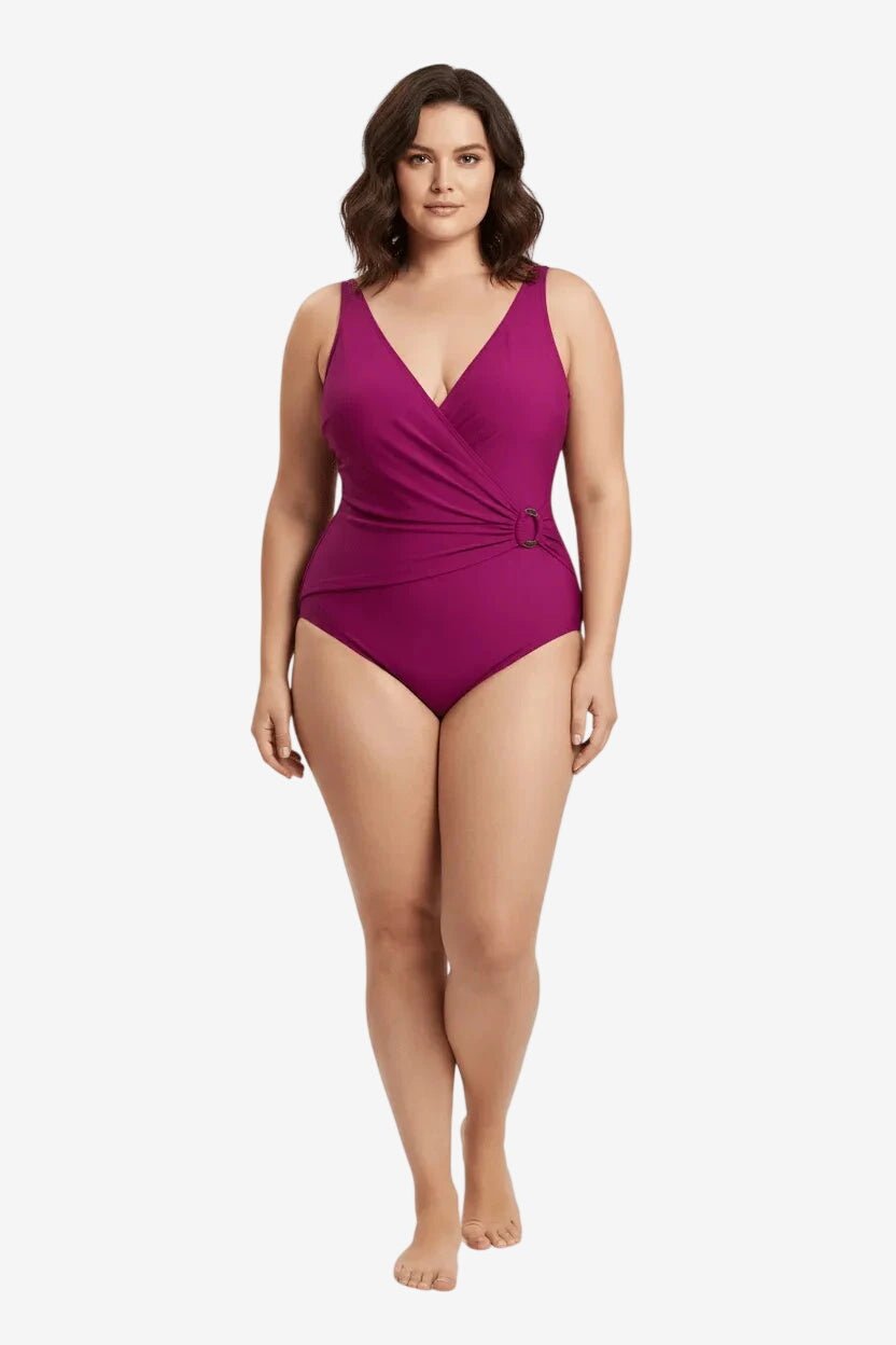 Costume intero Roidal bordeaux con scollo a V e dettaglio ad anello laterale.