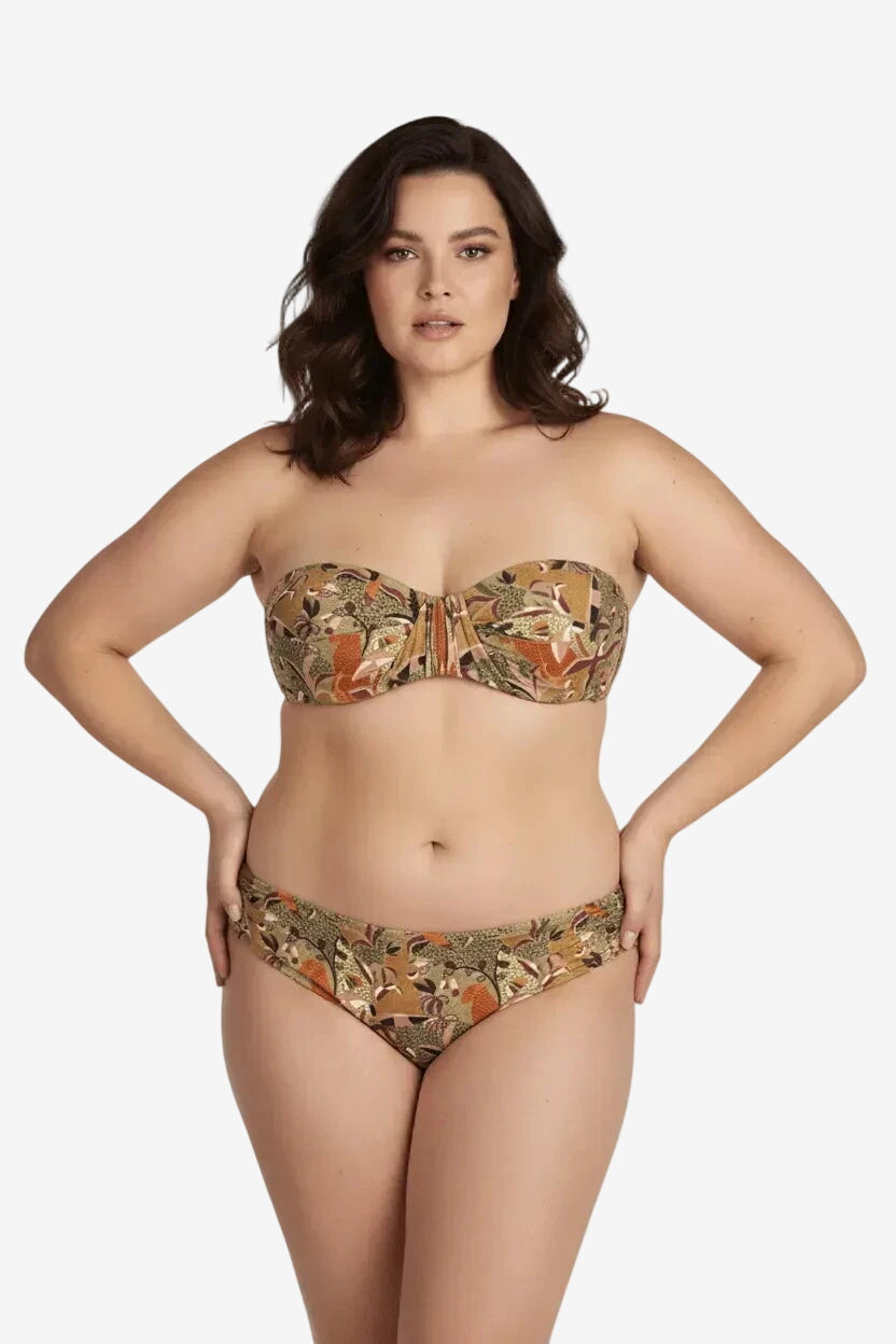 Bikini balconette con stampa floreale beige e oro e slip con arricciature laterali.