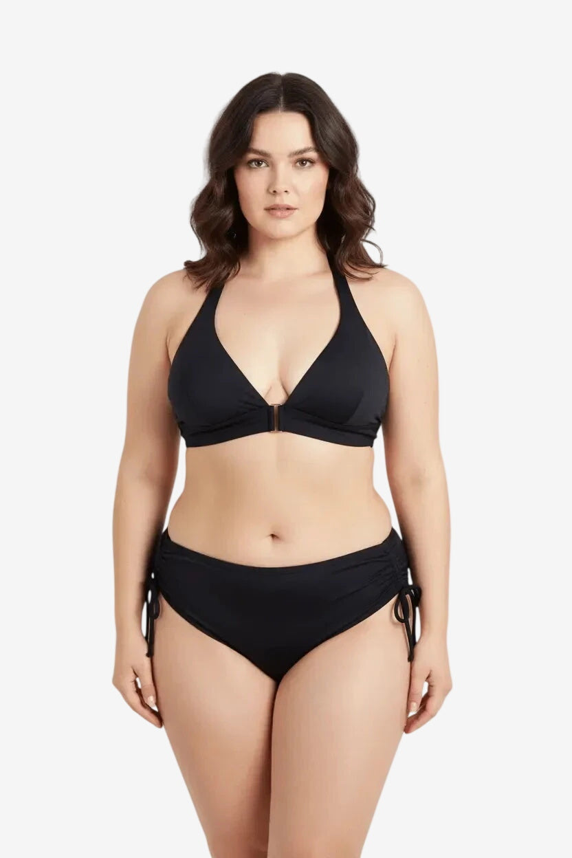 Bikini a triangolo nero Roidal con allacciatura al collo e slip con fiocchetti laterali.