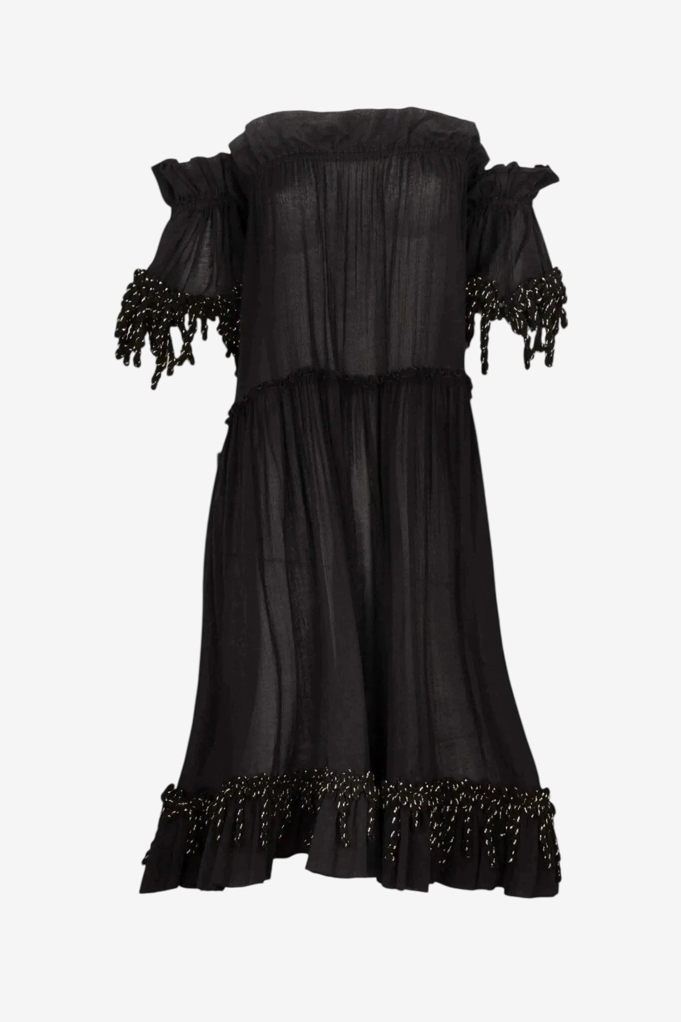 Abito corto nero in cotone con spalle scoperte e dettagli frou frou in lurex oro sulle maniche.