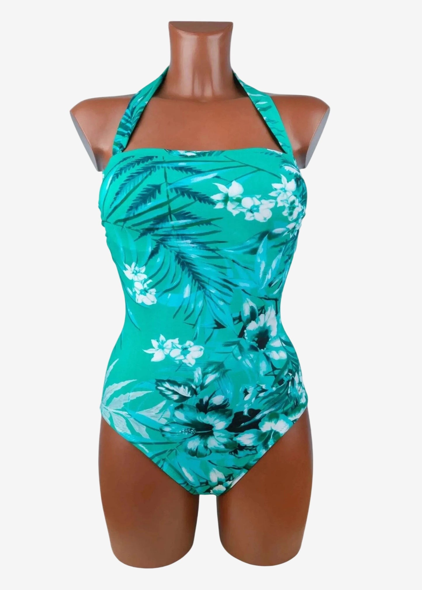 Costume intero Roidal a bustier con stampa floreale sui toni dell'acqua e drappeggio frontale.