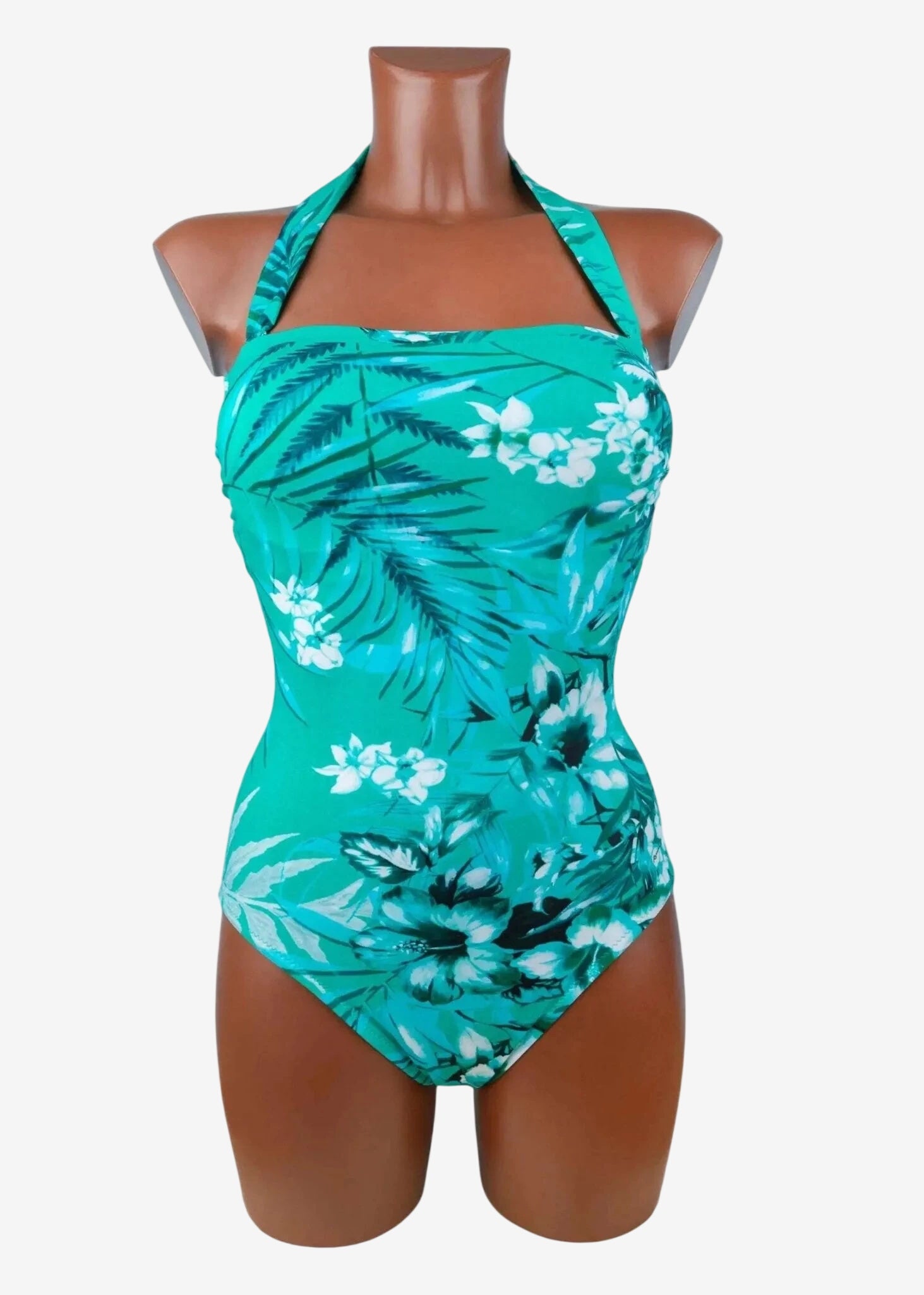 Costume intero Roidal a bustier con stampa floreale sui toni dell'acqua e drappeggio frontale.