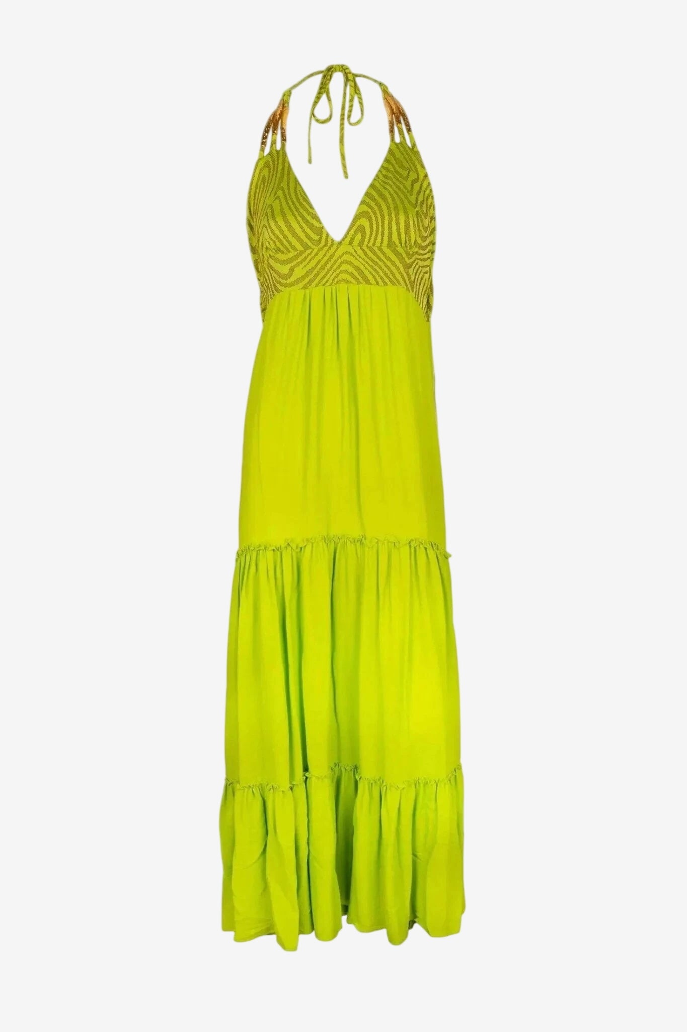 Abito lungo color lime con busto a triangolo in lurex, lacci al collo e gonna a balze.