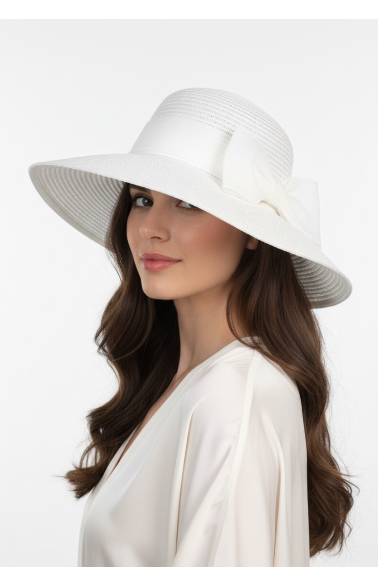 Cappello floppy bianco Adrian tesa larga - modella
