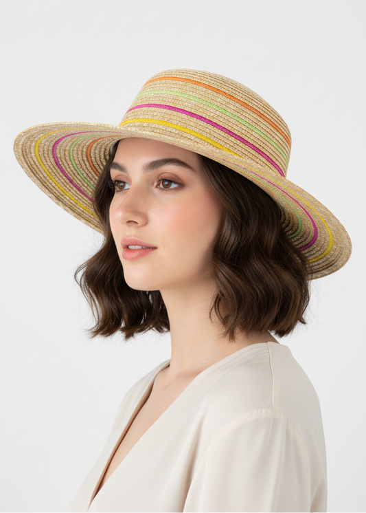 Cappello panama righe fucsia multicolor Adrian - modella