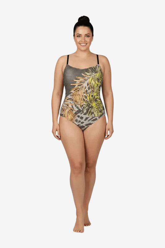 Costume intero con stampa a foglie tropicali su fondo a righe orizzontali.