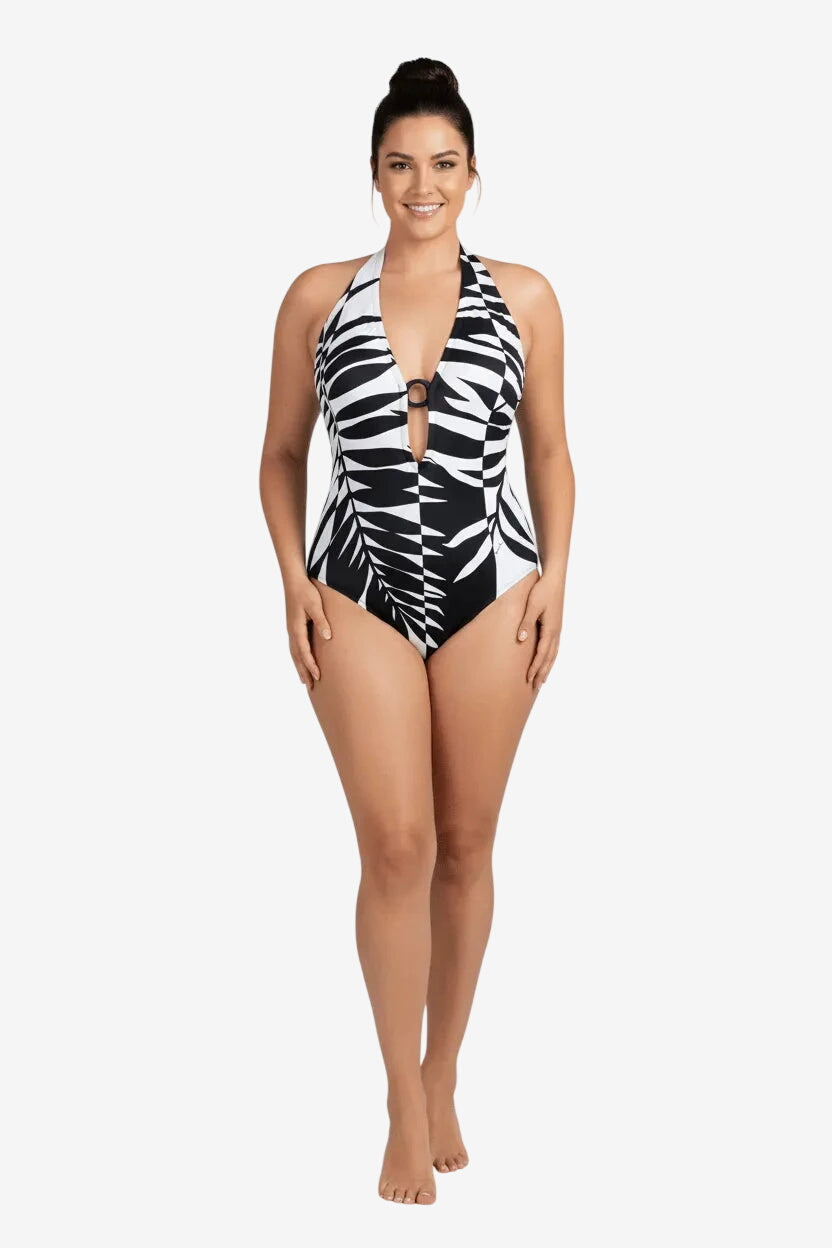 Costume intero Roidal con scollo all'americana e stampa grafica in bianco e nero.