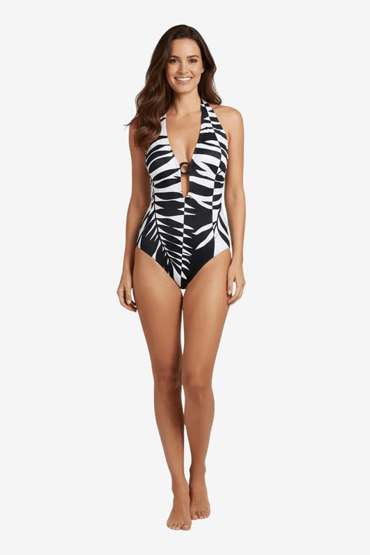 Costume intero Roidal bianco e nero con stampa a foglie e scollo all'americana.