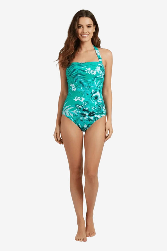 Costume intero Roidal a bustier con stampa floreale color acqua e drappeggio frontale.