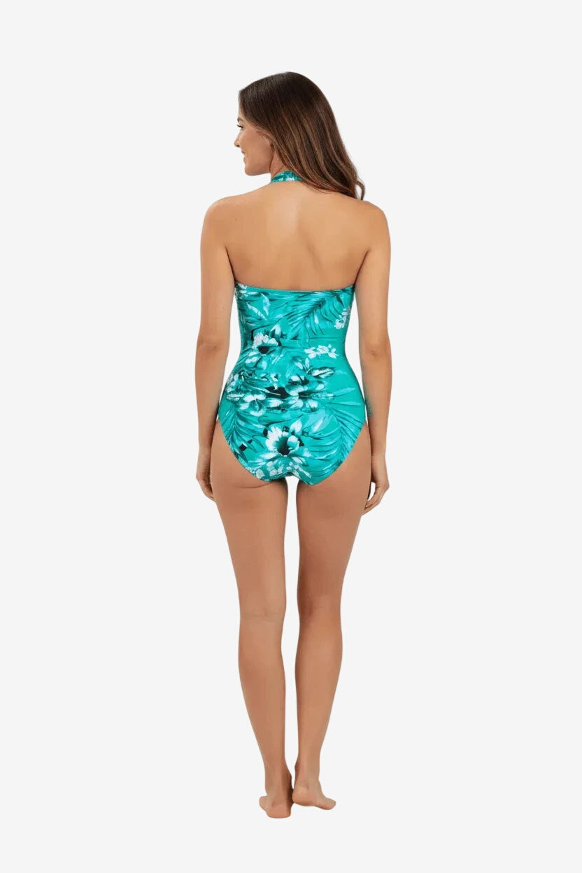 Costume intero Roidal a bustier con stampa floreale sui toni dell'acqua visto da dietro.
