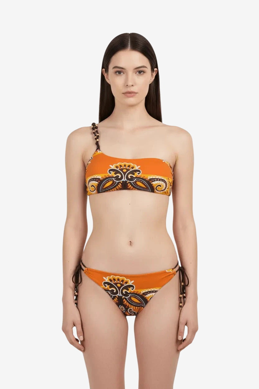 Bikini monospalla da donna Miss Bikini con fantasia marrone e slip con laccetti laterali.