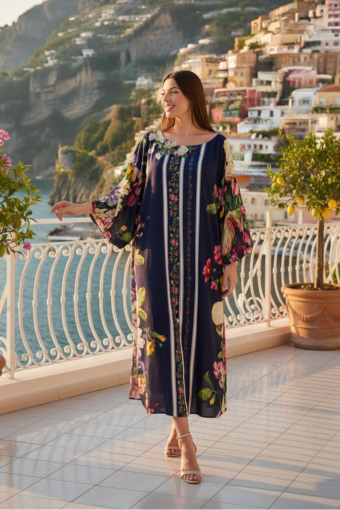 Poncho lungo Raffaela D'Angelo con fantasia floreale blu, collezione Cruise.