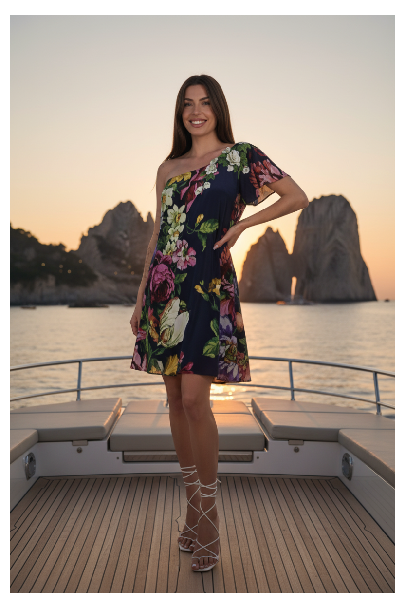Abito monospalla Raffaela D'Angelo con fantasia floreale blu, collezione Cruise.