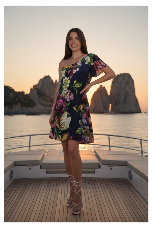 Abito monospalla Raffaela D'Angelo con fantasia floreale blu, collezione Cruise.