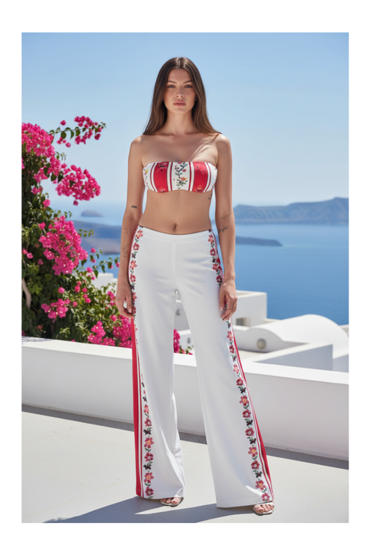 Pantalone palazzo Raffaela D'Angelo in lycra bianco a righe floreali, collezione Cruise.