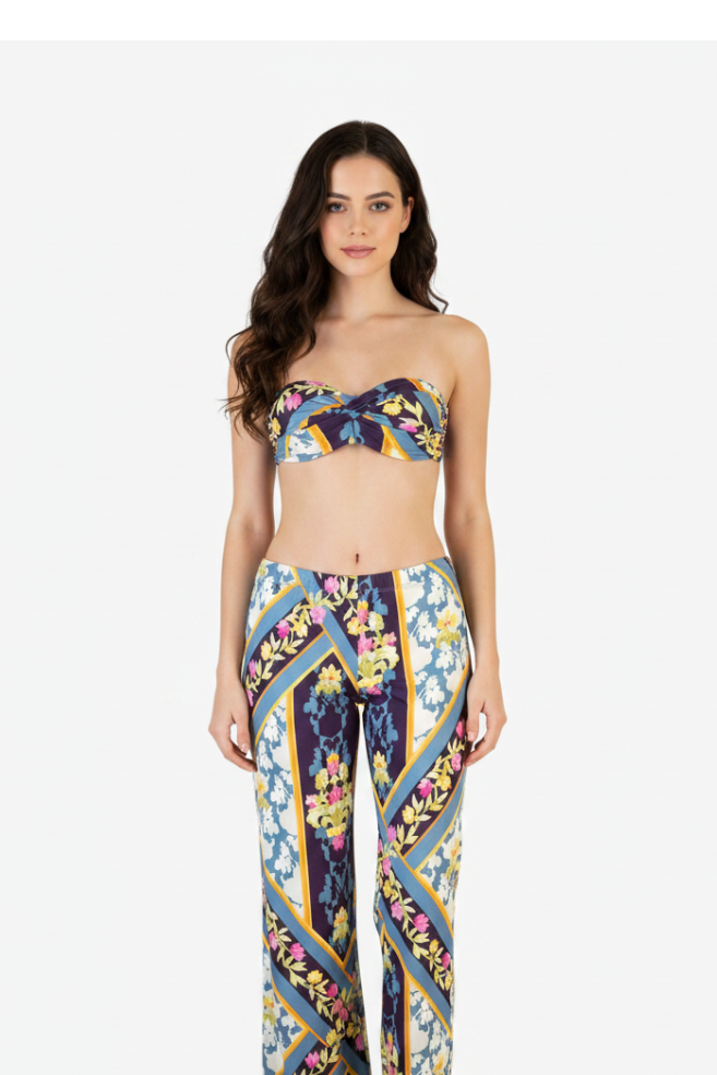 Pantalone a Zampa Fantasia Floreale Barocca Denim — Olivia Gold
