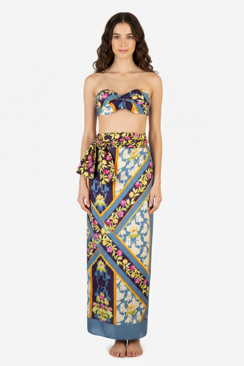Pareo Lungo Fantasia Floreale Barocca Denim — Olivia Gold