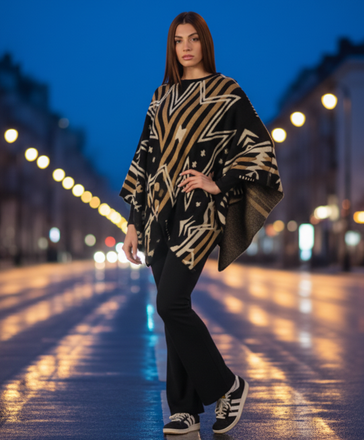 Poncho Nero Oro Posa Elegante