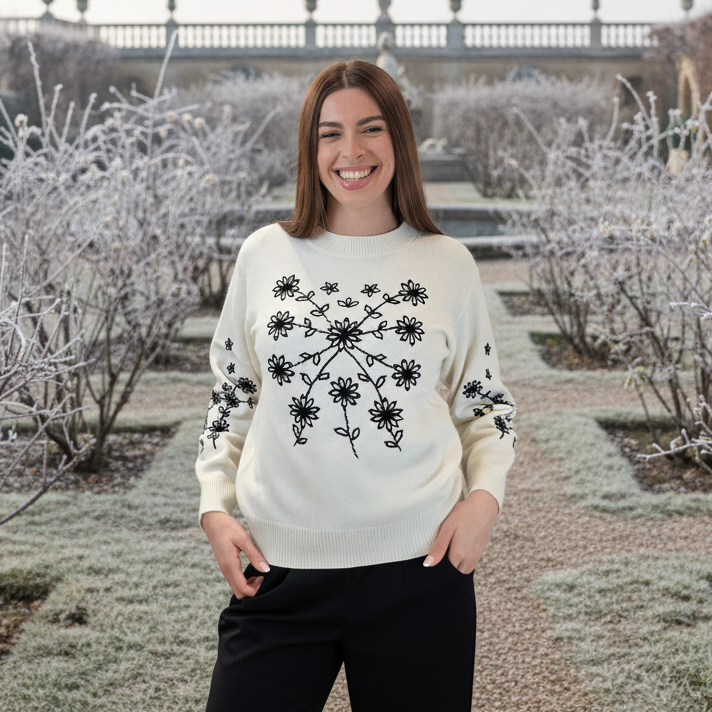 Pullover Panna Ricami Floreali