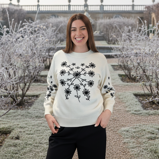Pullover Panna Ricami Floreali