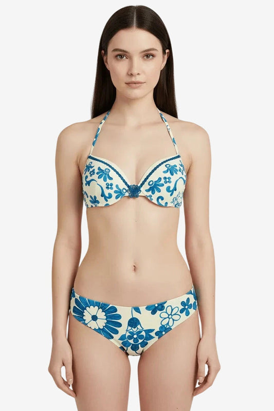 Bikini push-up in lycra color crema con stampa floreale blu e dettagli in strass.