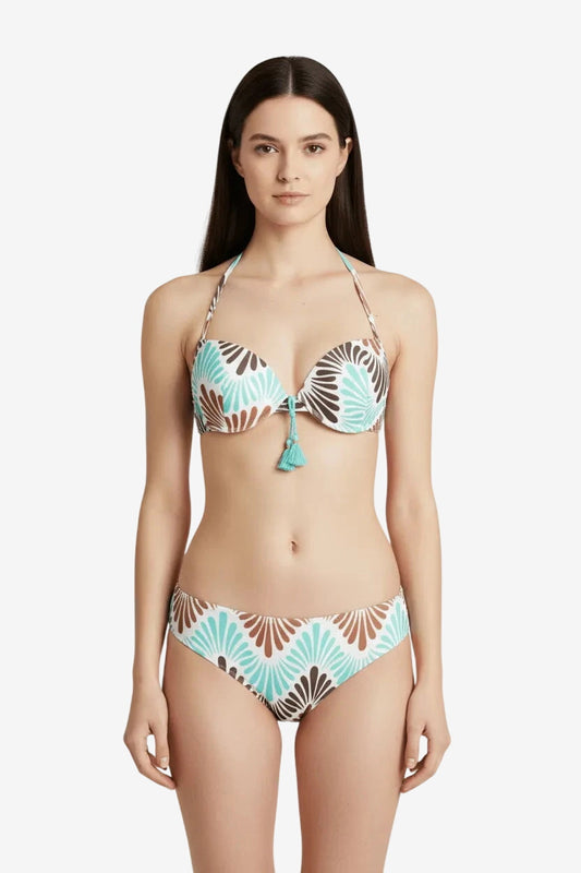 Bikini push-up con coppa C in lycra a fantasia etnica e slip a taglio regolare.