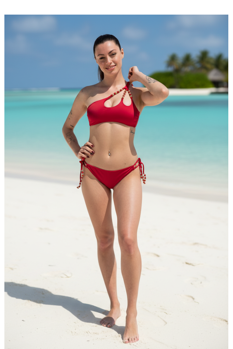 Bikini monospalla Miss Bikini rosso e turchese.