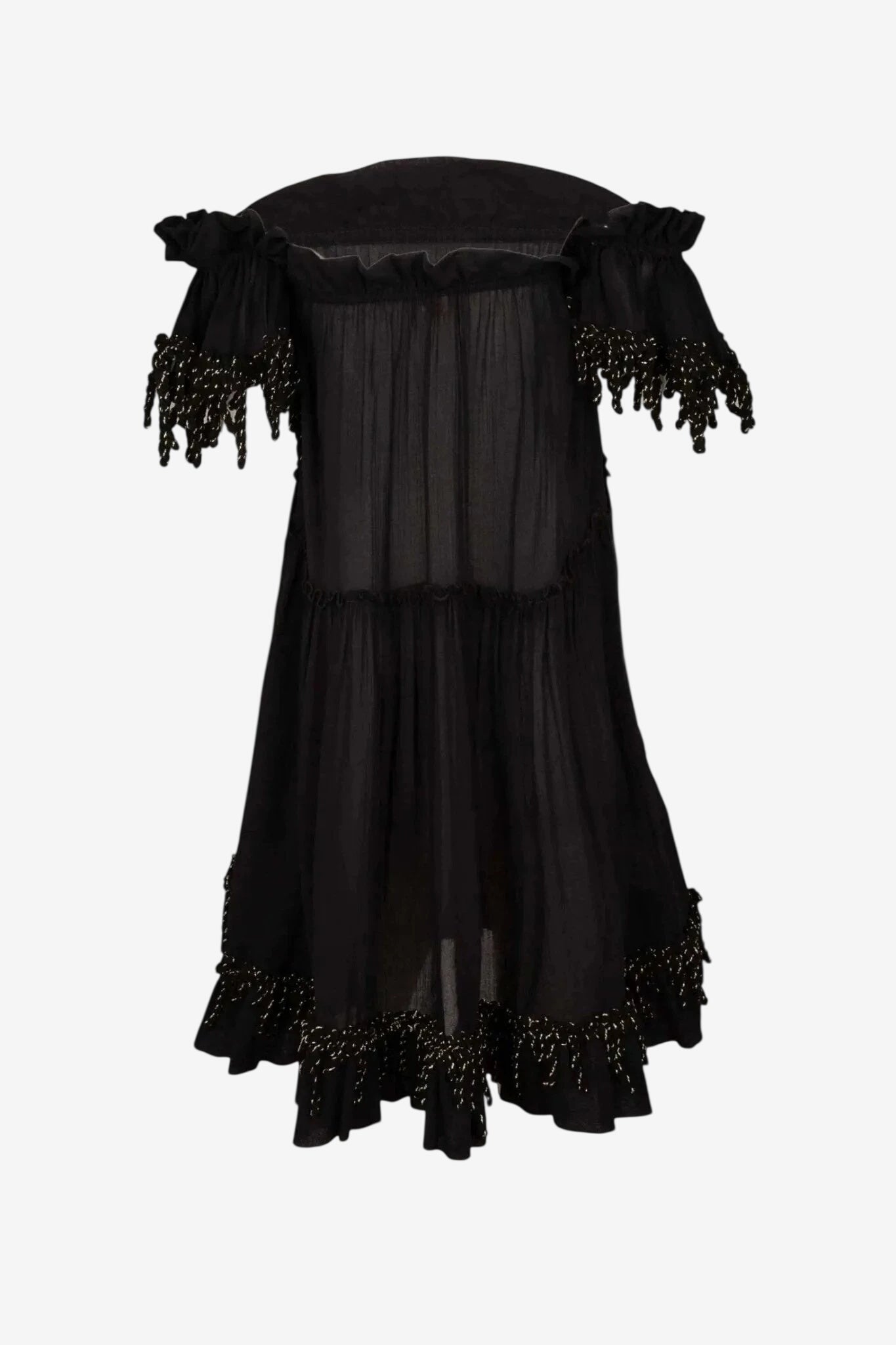 Abito corto nero con maniche a balze e dettagli decorativi in lurex oro.