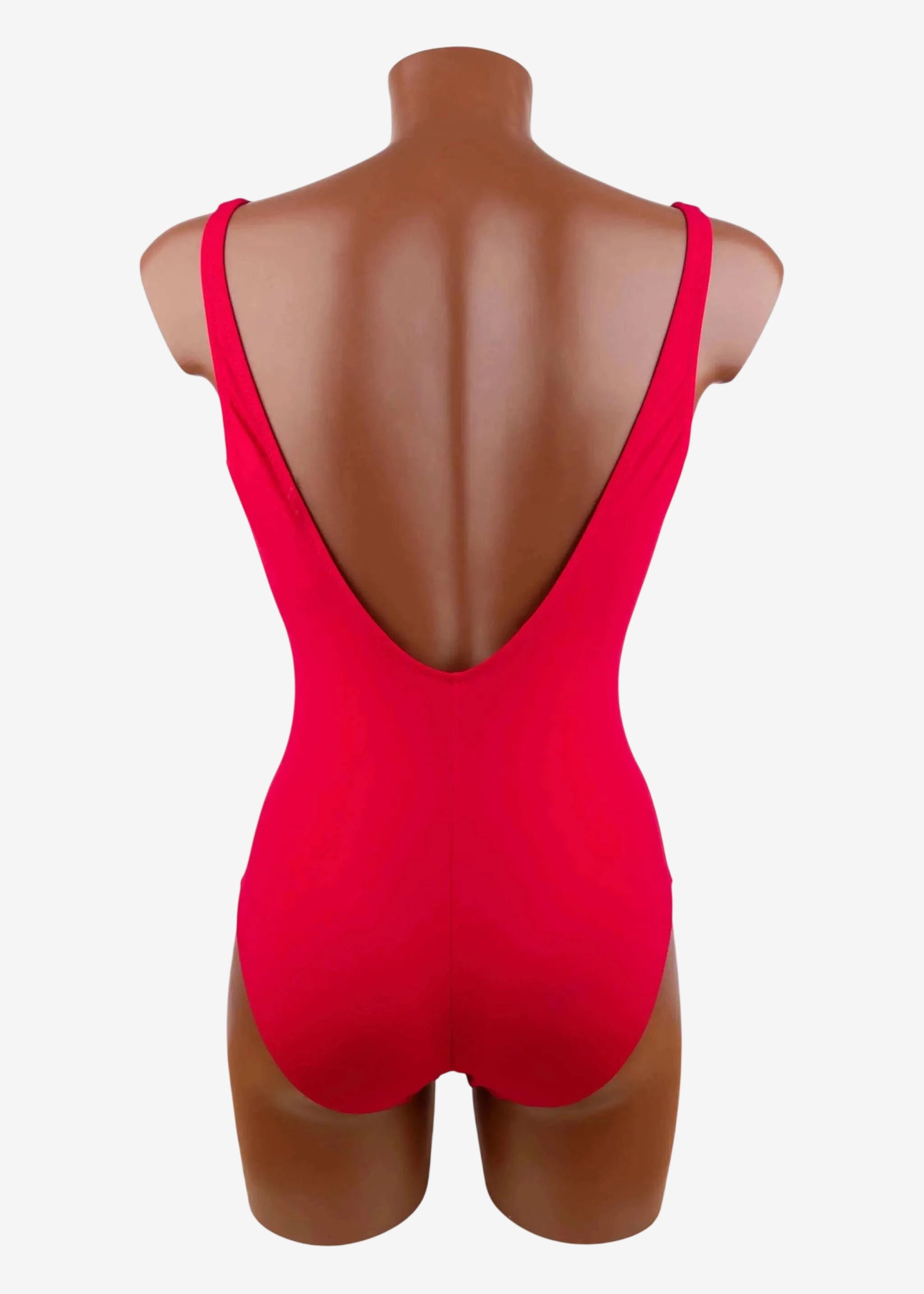 Costume intero Roidal rosso con scollo profondo e dettaglio metallico sul davanti.