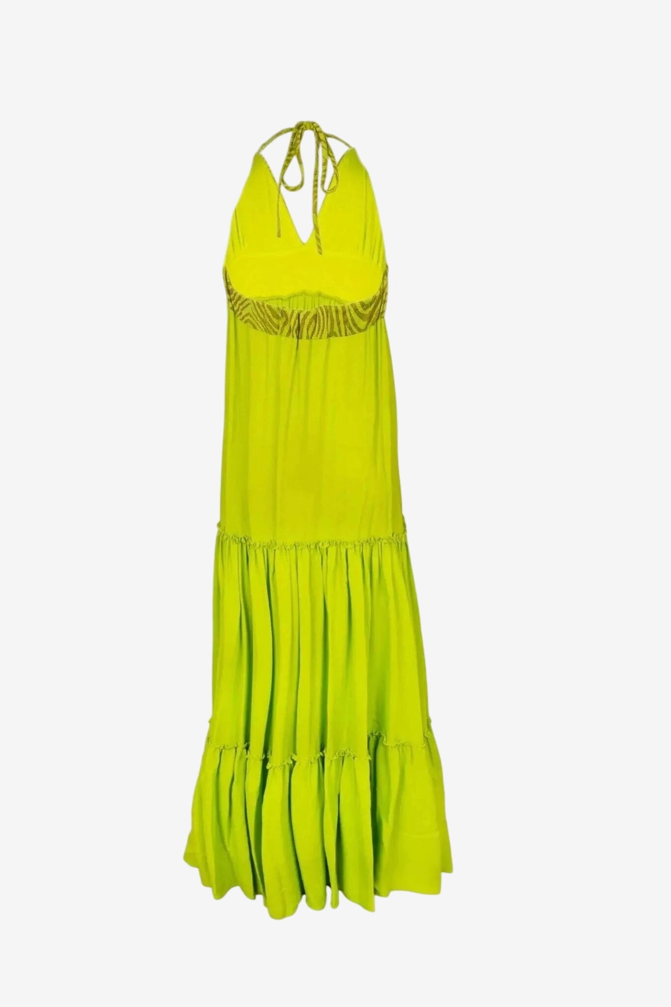 Abito lungo color lime con scollo all'americana, dettagli in lurex e gonna a balze.