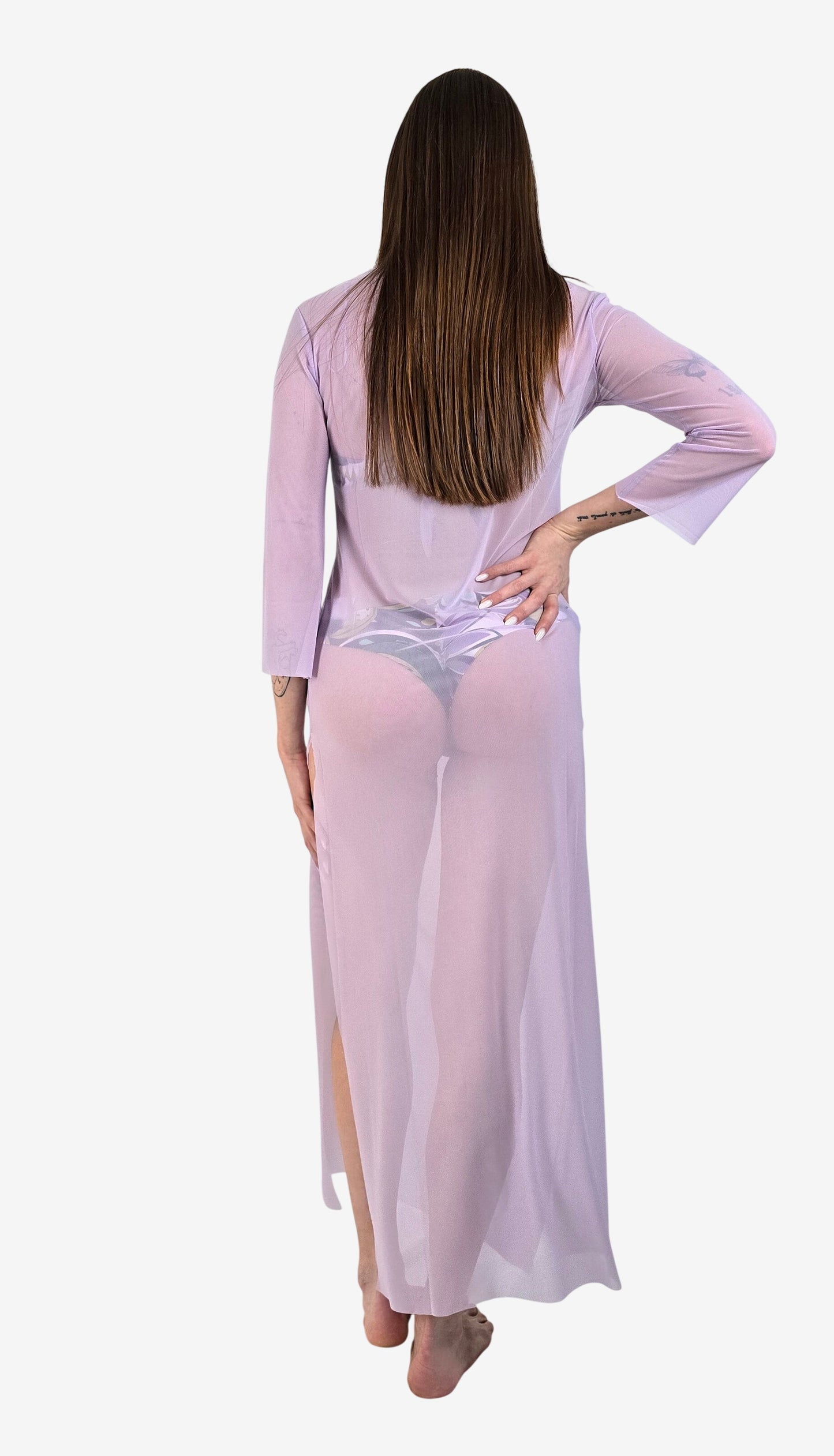 Abito Lungo Tulle Trasparente Lilla con Spacco