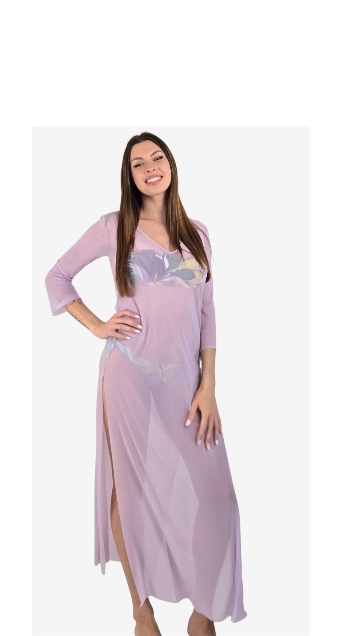 Abito Lungo Tulle Trasparente Lilla con Spacco